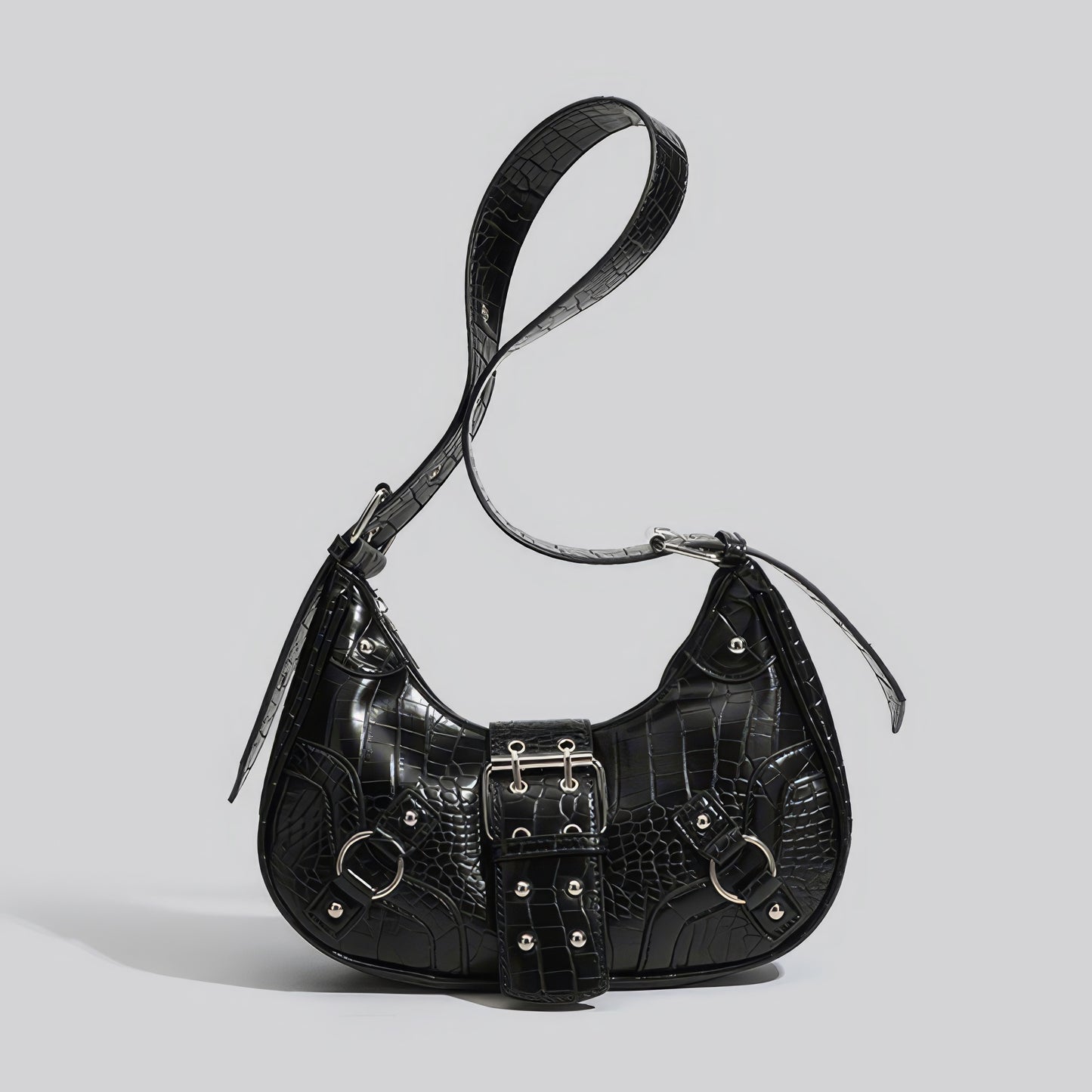 Croc-Effect Buckle Strap Shoulder Bag