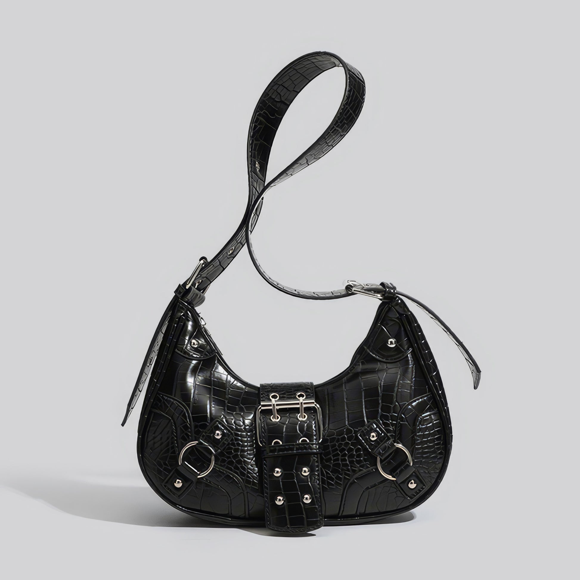Croc-Effect Buckle Strap Shoulder Bag