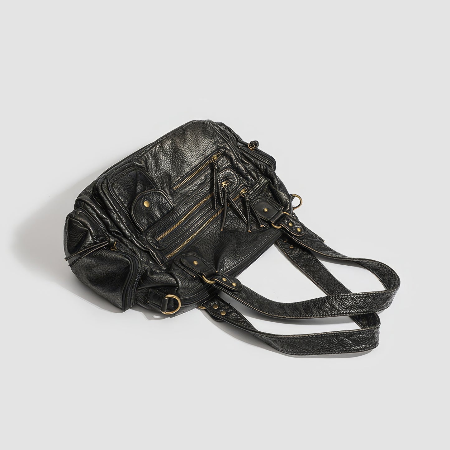 Multi-Zip Textured Faux Leather Shoulder Bag