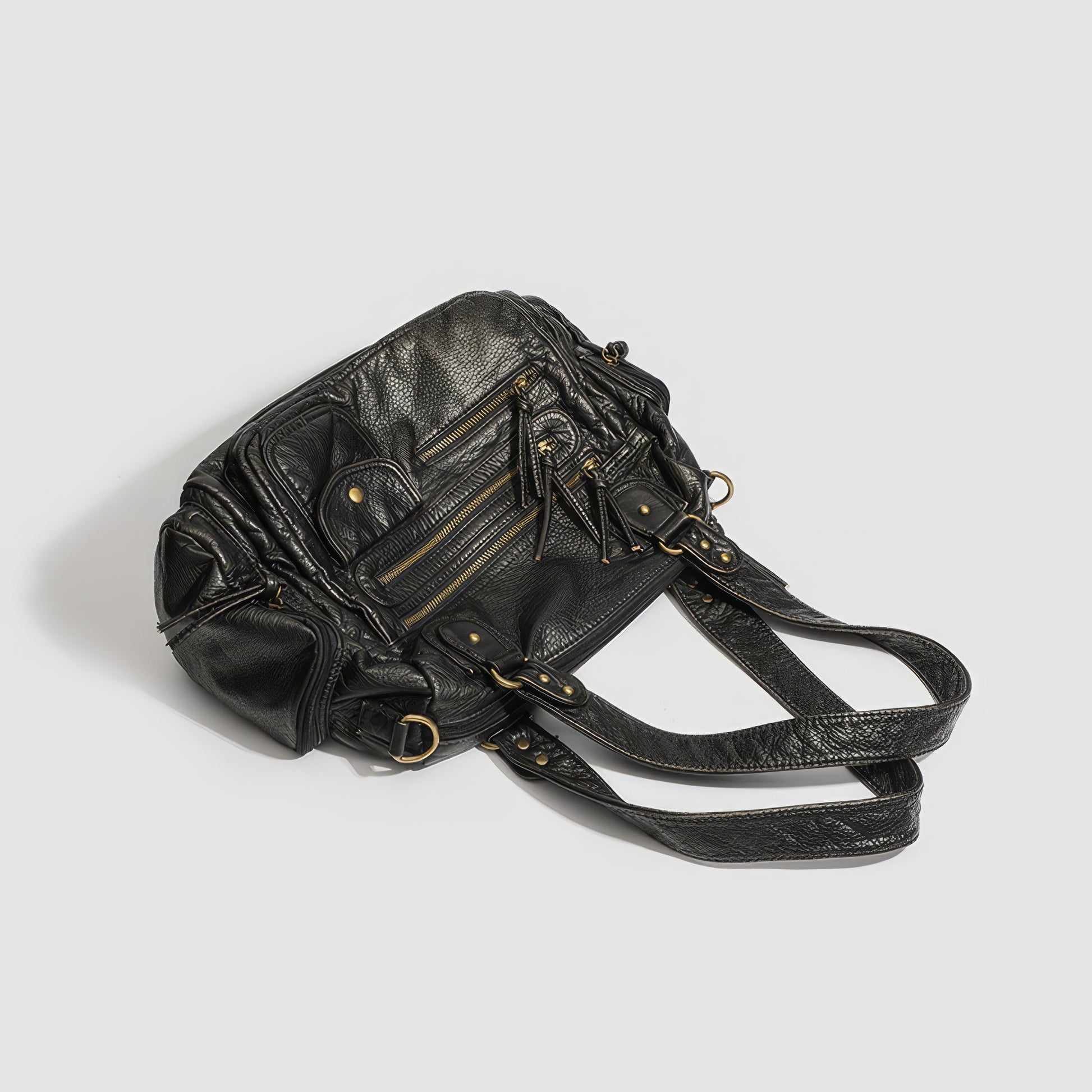 Multi-Zip Textured Faux Leather Shoulder Bag