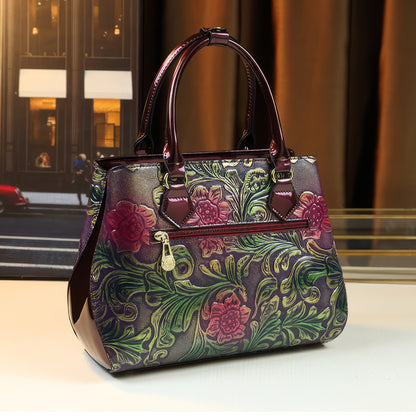 Purple Embossed Floral Patent Tote Bag