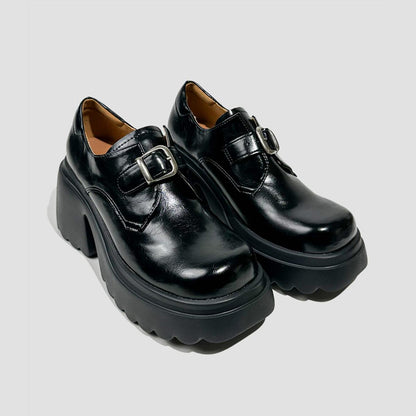 Black Buckle Chunky Heel Loafers