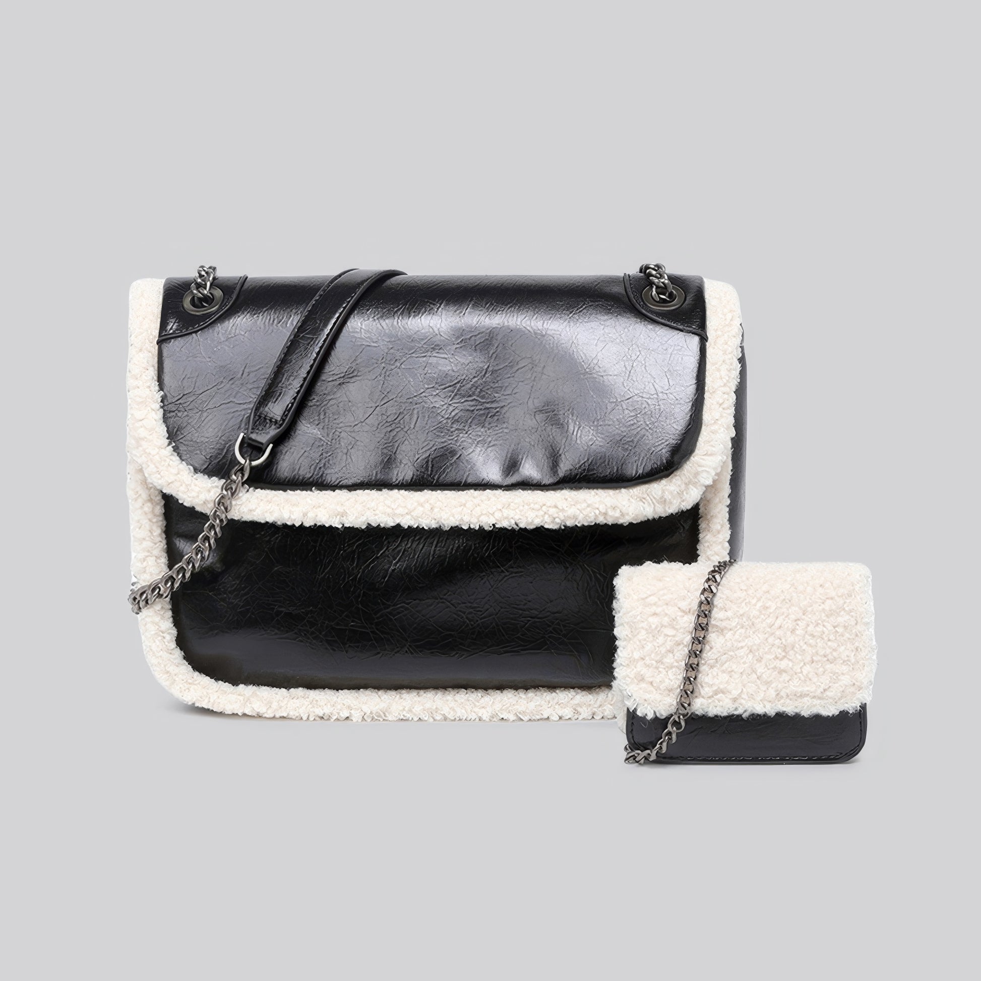 Faux Leather Shearling Trim Chain Bag Set