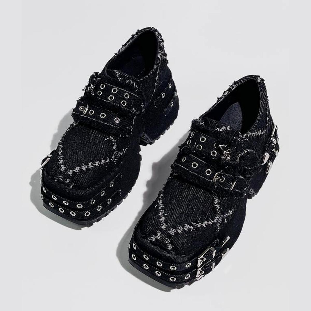 Black Distressed Denim Platform Shoes