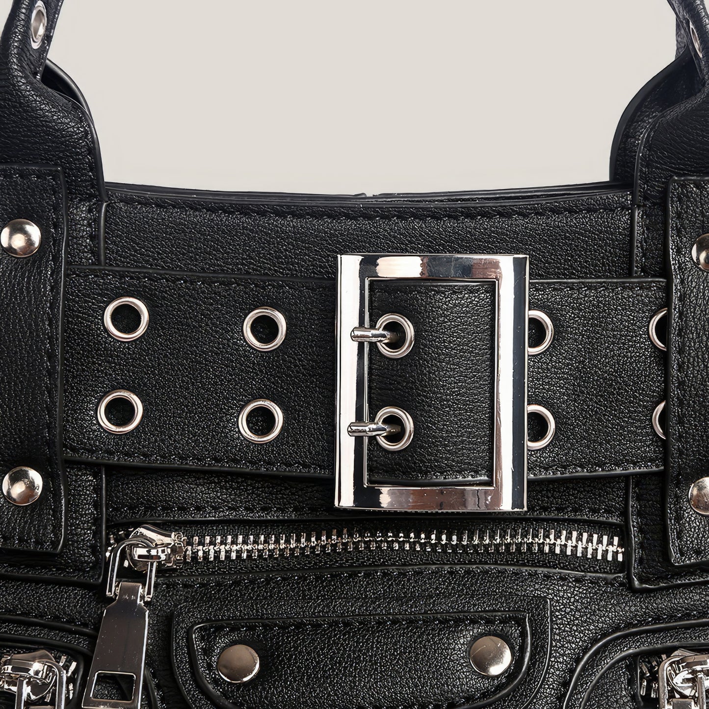 Buckle Strap Grommet Detail Black Tote Bag
