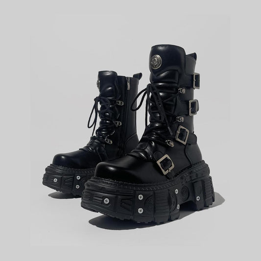 Black Buckle Strap Platform Combat Boots