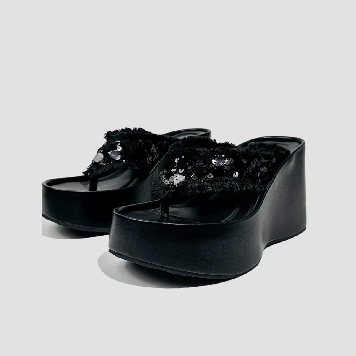 Black Sequin Fringe Platform Slides