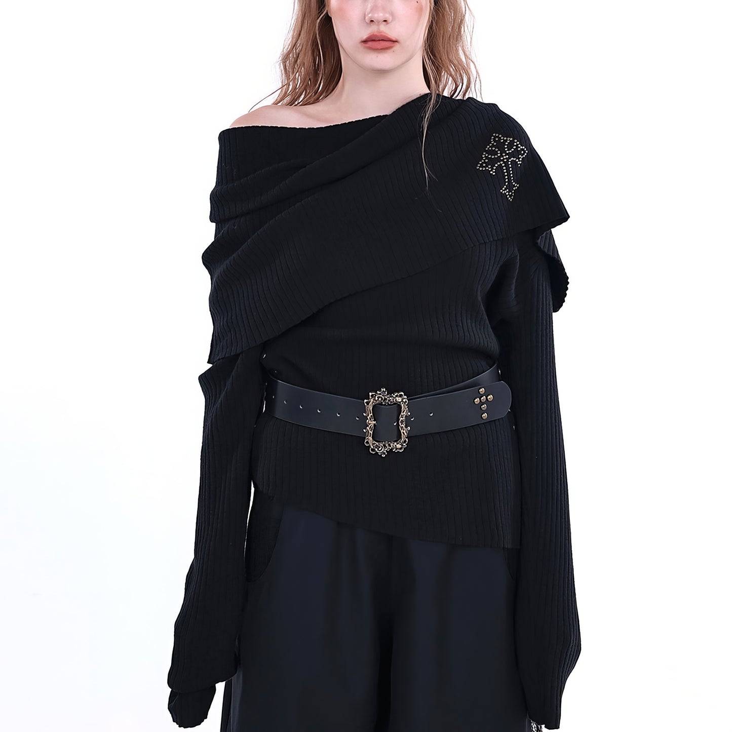 Off Shoulder Layered Knit Top with Studded Cross