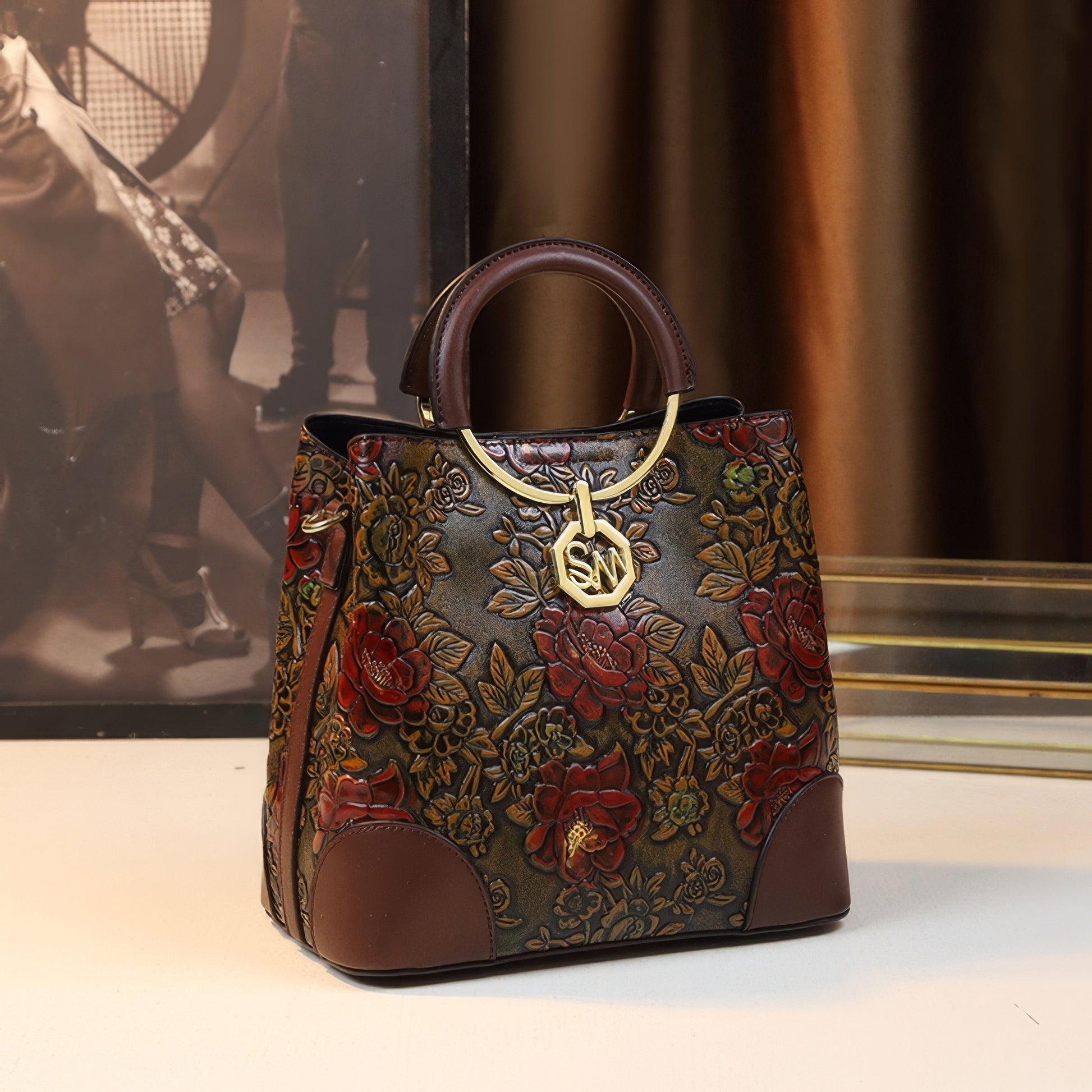 Structured Embossed Rose Top Handle Bag