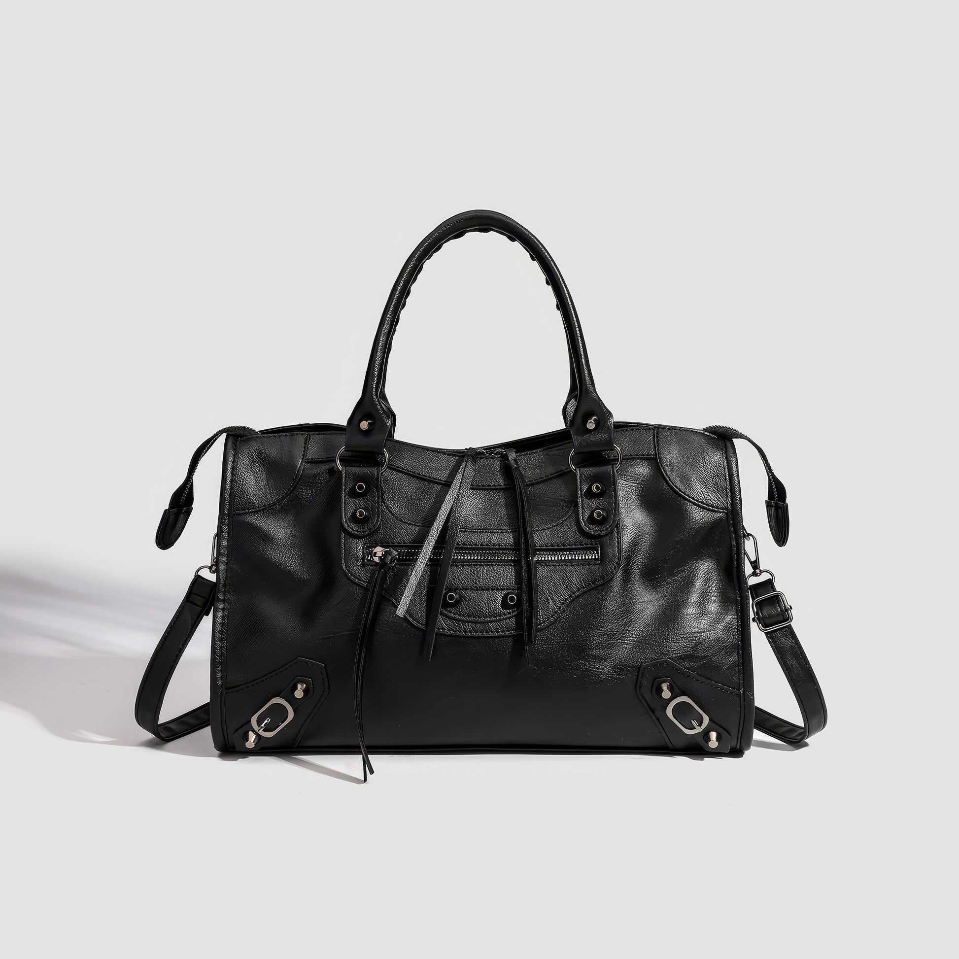 Textured Zip Accent Black Shoulder Bag