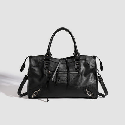Textured Zip Accent Black Shoulder Bag