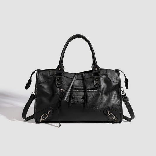 Textured Zip Accent Black Shoulder Bag