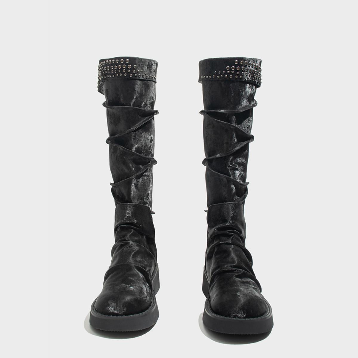 Black Velvet Studded Knee-High Boots
