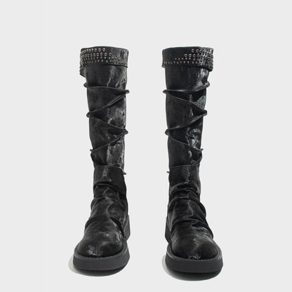 Black Velvet Studded Knee-High Boots