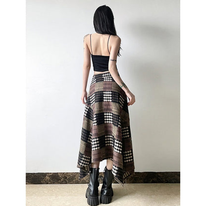 Asymmetrical Plaid Maxi Skirt