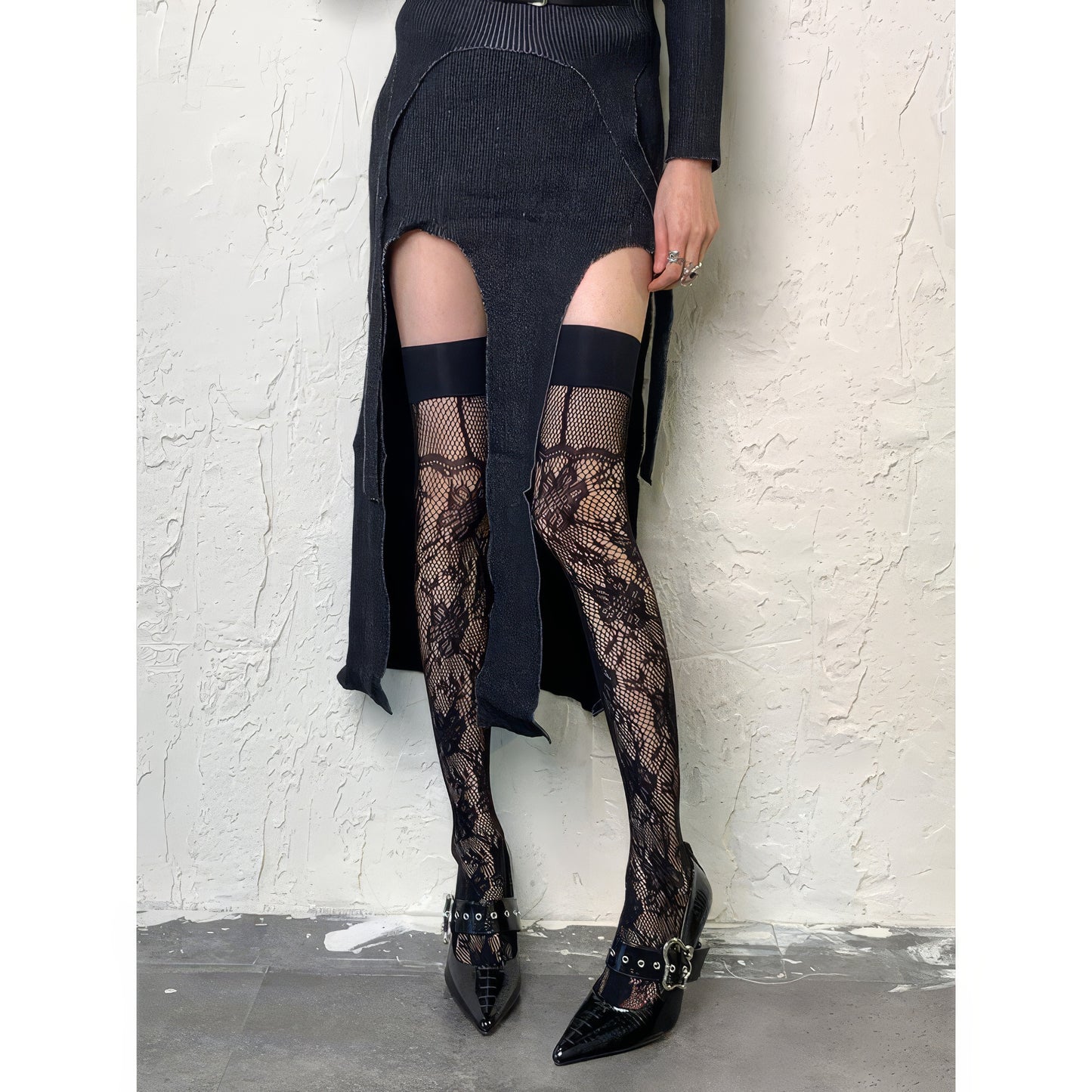 Floral Lace Mesh Hold-Up Stockings