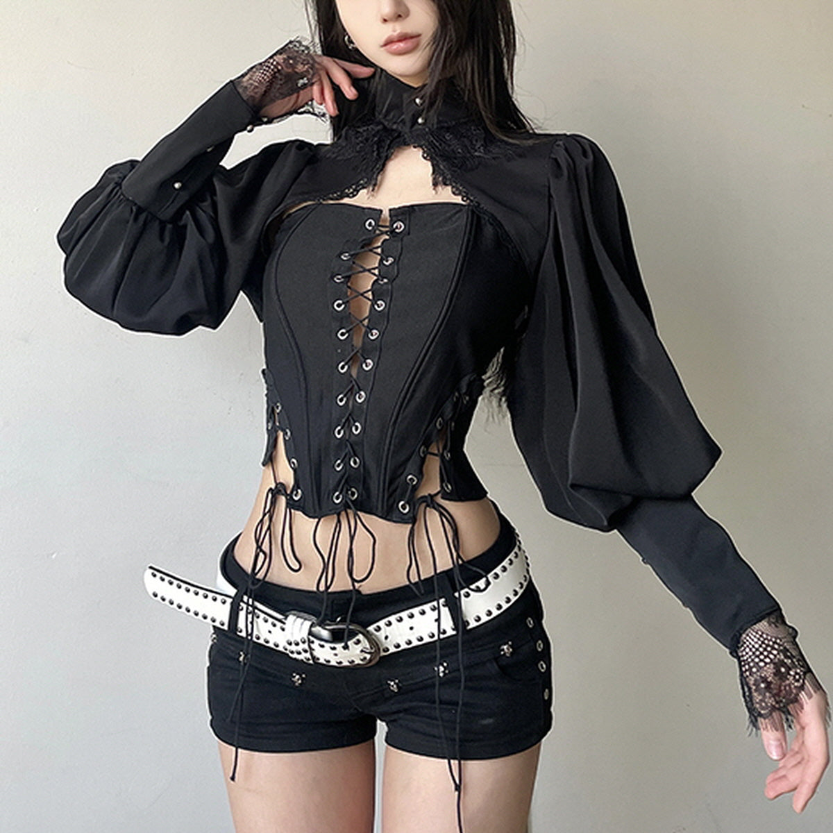 Lace Trim Puff Sleeve Corset Top