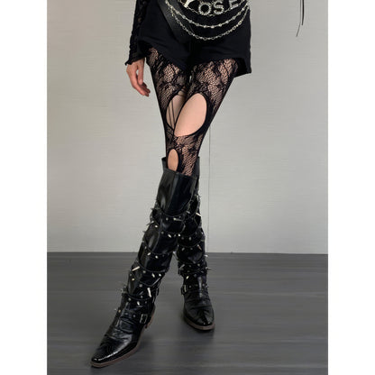 Distressed Cutout Spider Lace Tights
