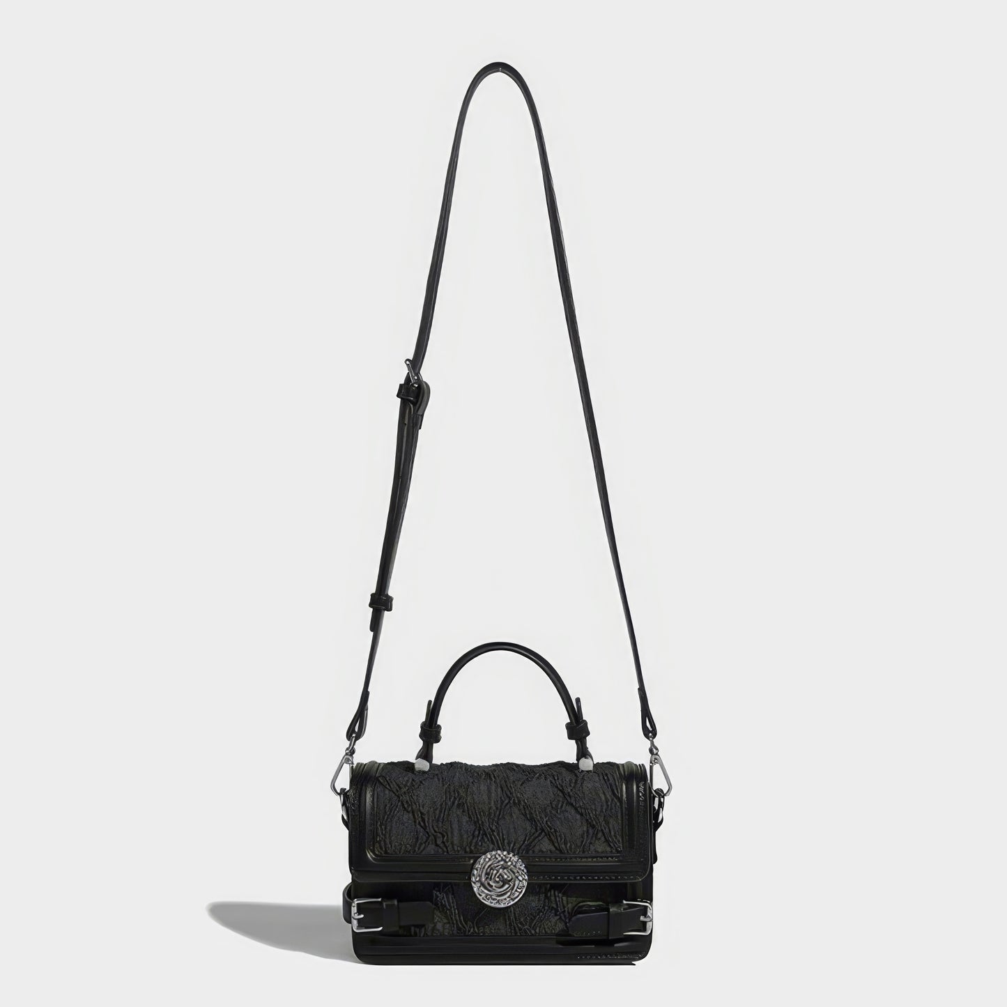 Textured Buckle Flap Top Handle Bag