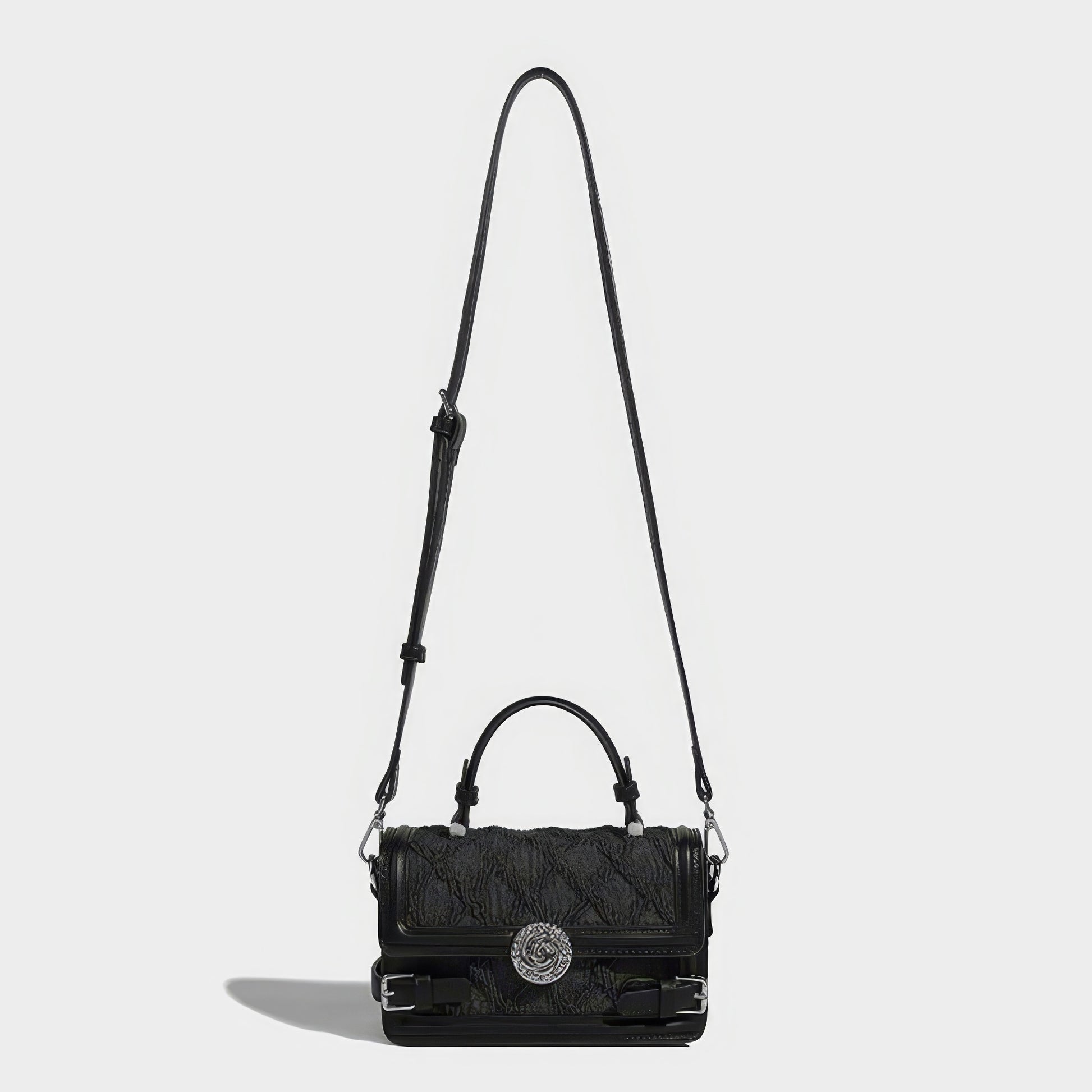 Textured Buckle Flap Top Handle Bag
