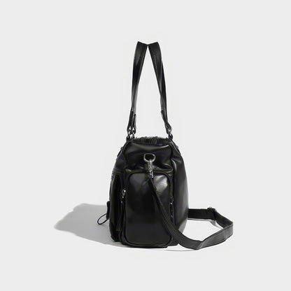 Multi-Zip Faux Leather Double Strap Shoulder Bag