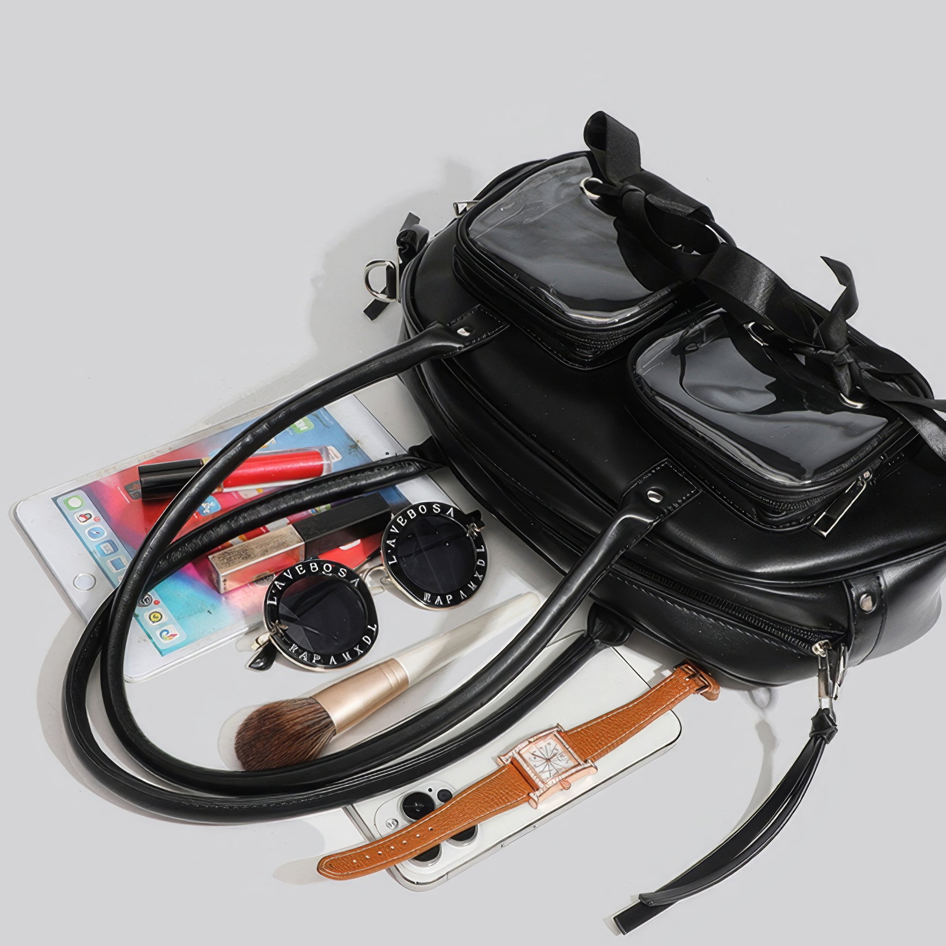 Patent Ribbon Detail Double Pocket Bag
