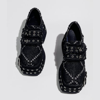 Black Distressed Denim Platform Shoes