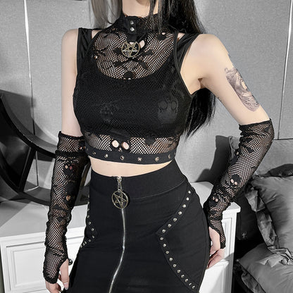 Mesh Skull Lace Crop Top & Arm Warmers Set