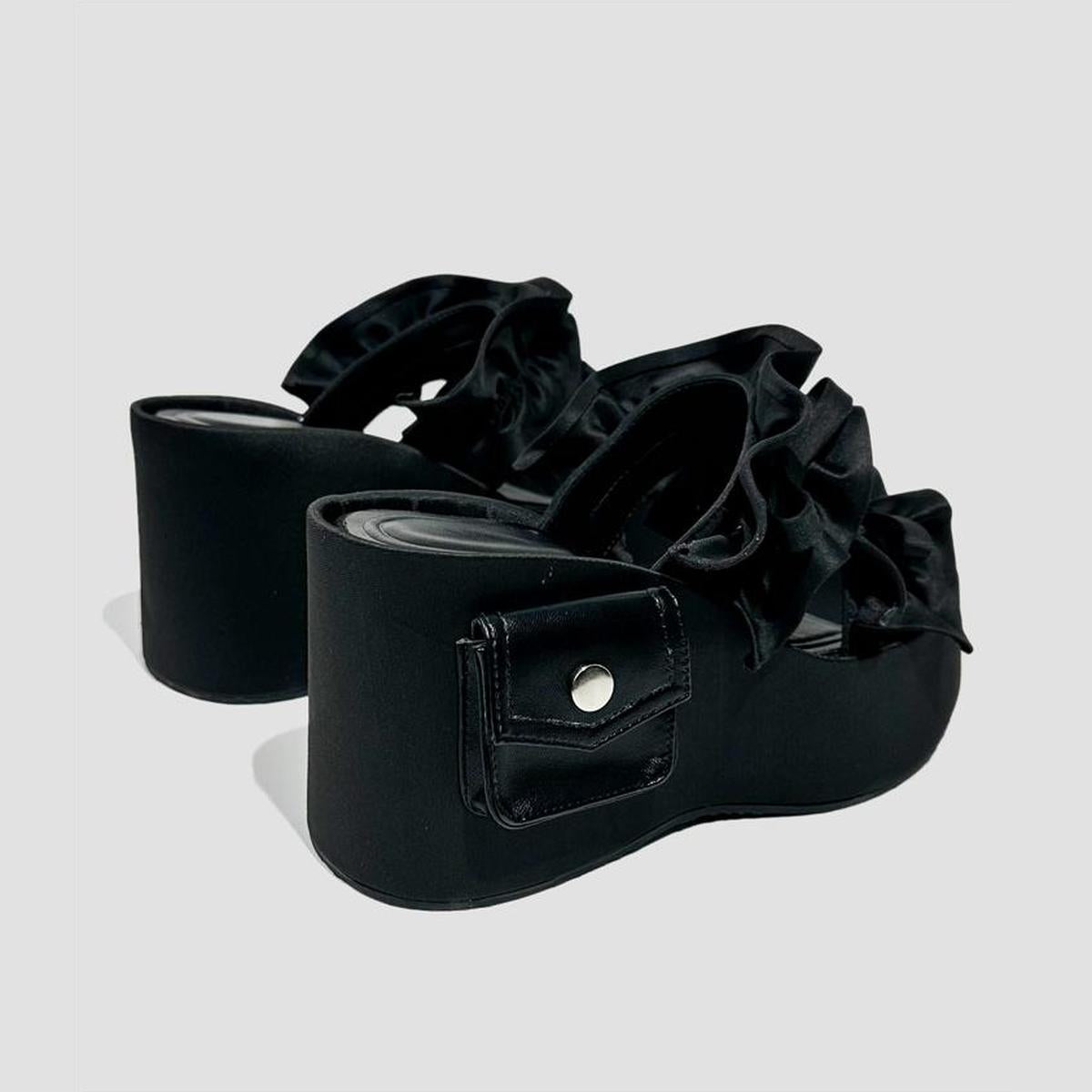 Satin Ruffle Bow Platform Slides
