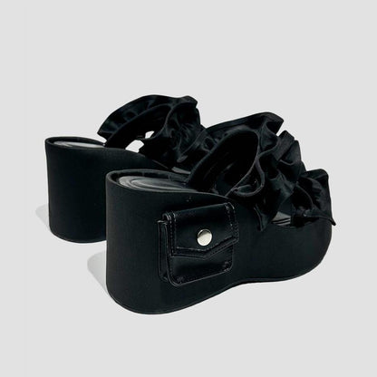 Satin Ruffle Bow Platform Slides