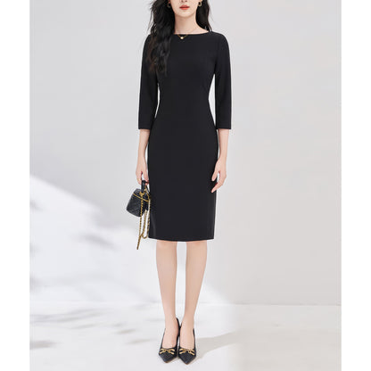 Boat Neck Fitted Black Midi Dress