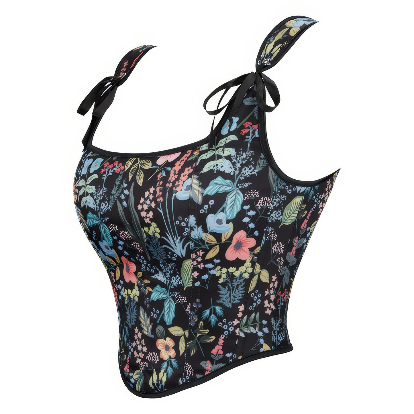 Floral Lace-Up Shoulder Tie Corset Top