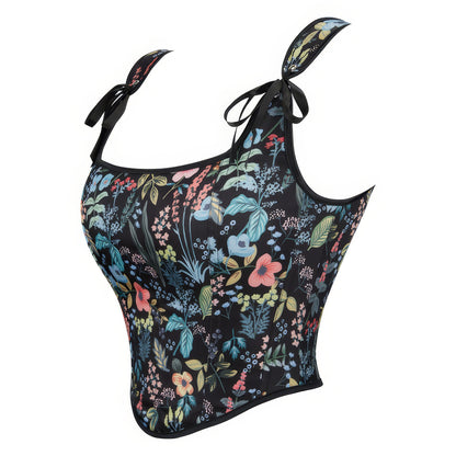 Floral Lace-Up Shoulder Tie Corset Top