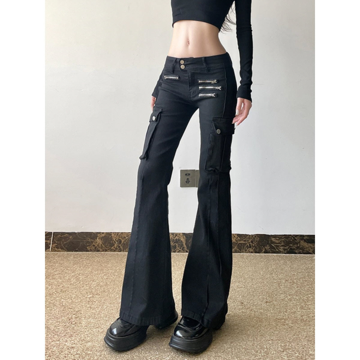Zip Detail Flared Cargo Pants