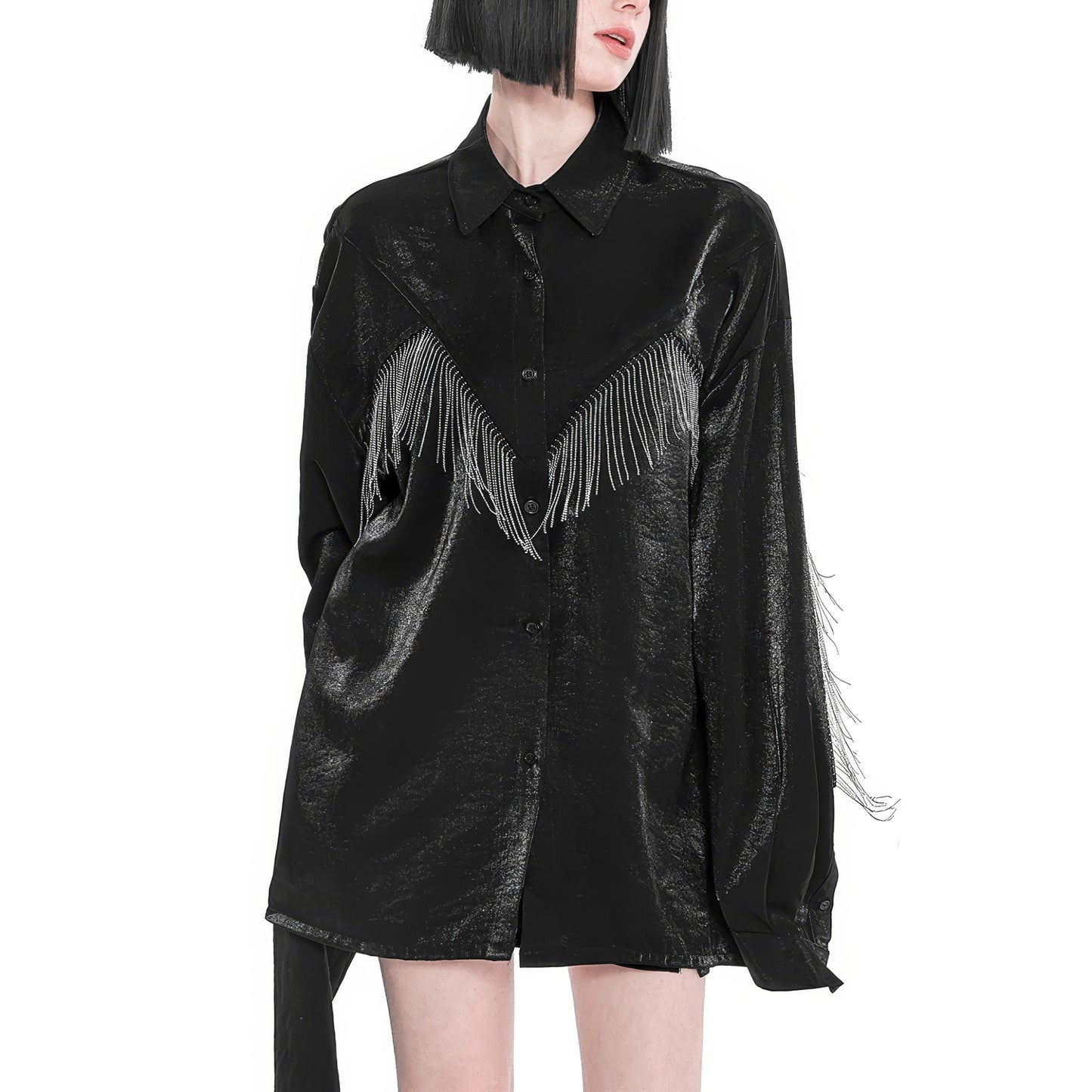 Shiny Fringe Detail Satin Shirt