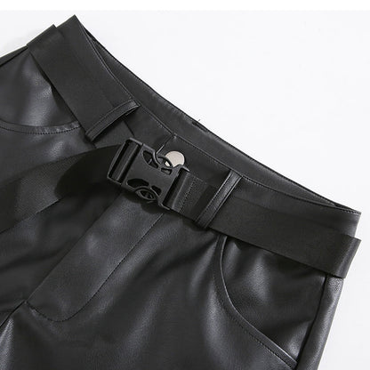 Strap Detail Cut-Out Faux Leather Pants