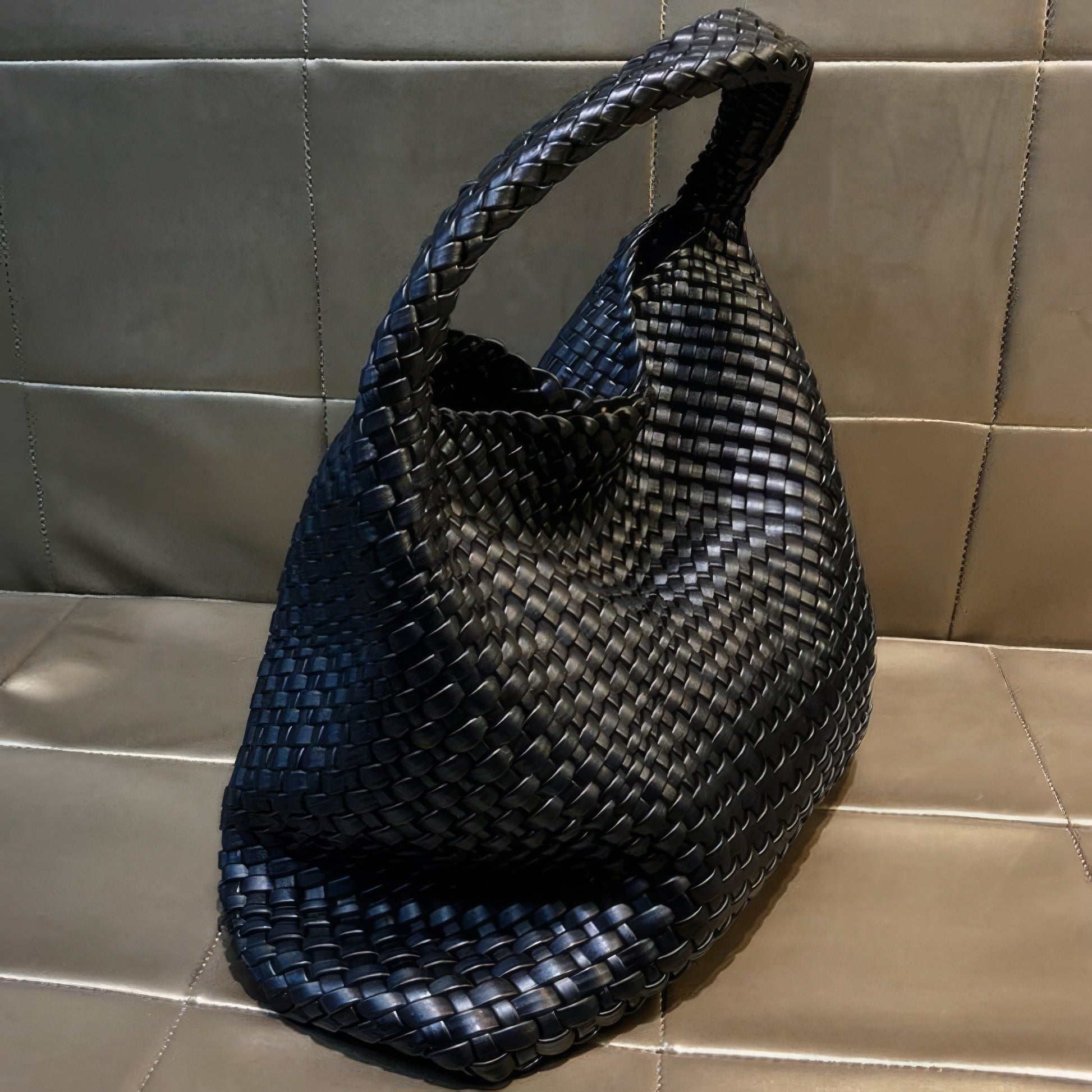 Woven Faux Leather Slouchy Hobo Bag