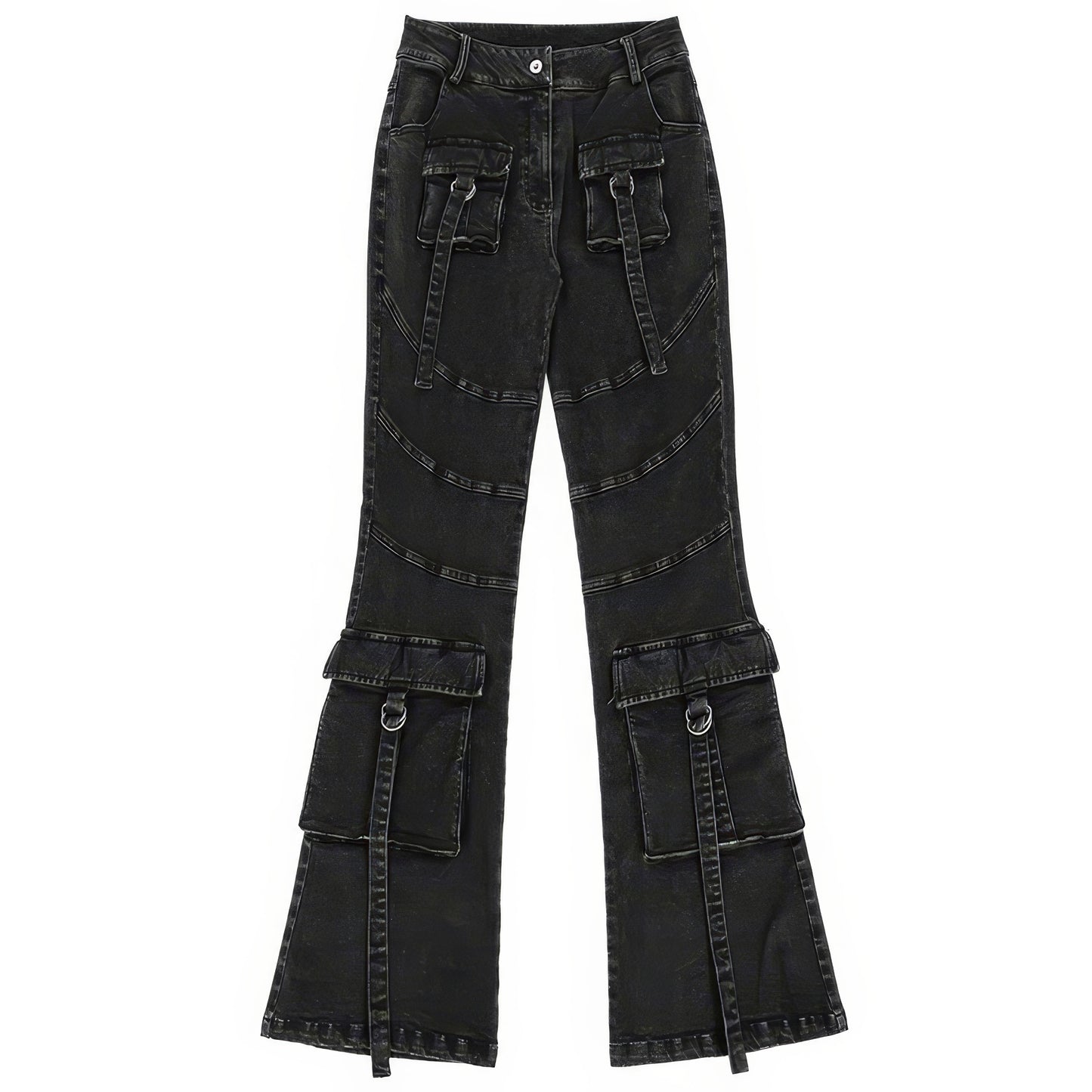 Washed Strap Cargo Flare Jeans