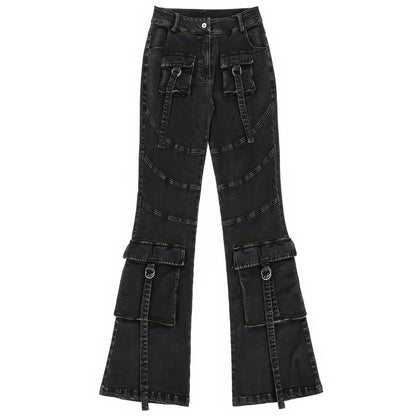 Washed Strap Cargo Flare Jeans