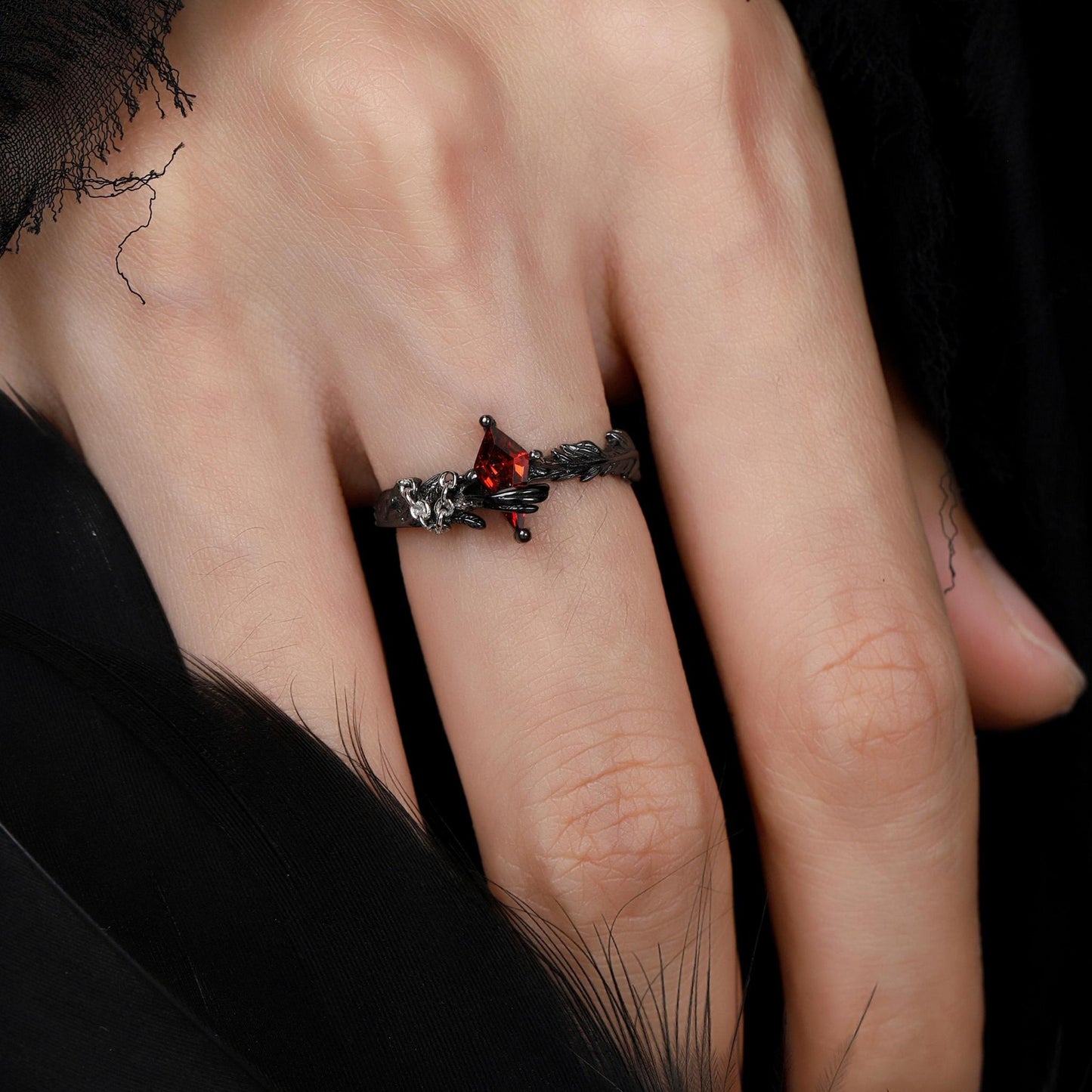 Feather Chain Open Ring with Crystal Gem