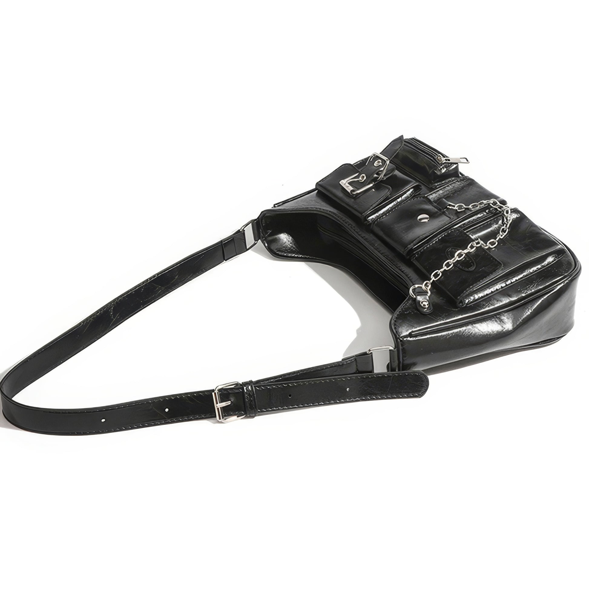 Multi Pocket Chain Accent Black Shoulder Bag