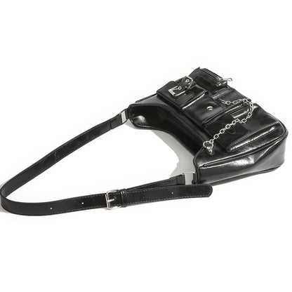 Multi Pocket Chain Accent Black Shoulder Bag
