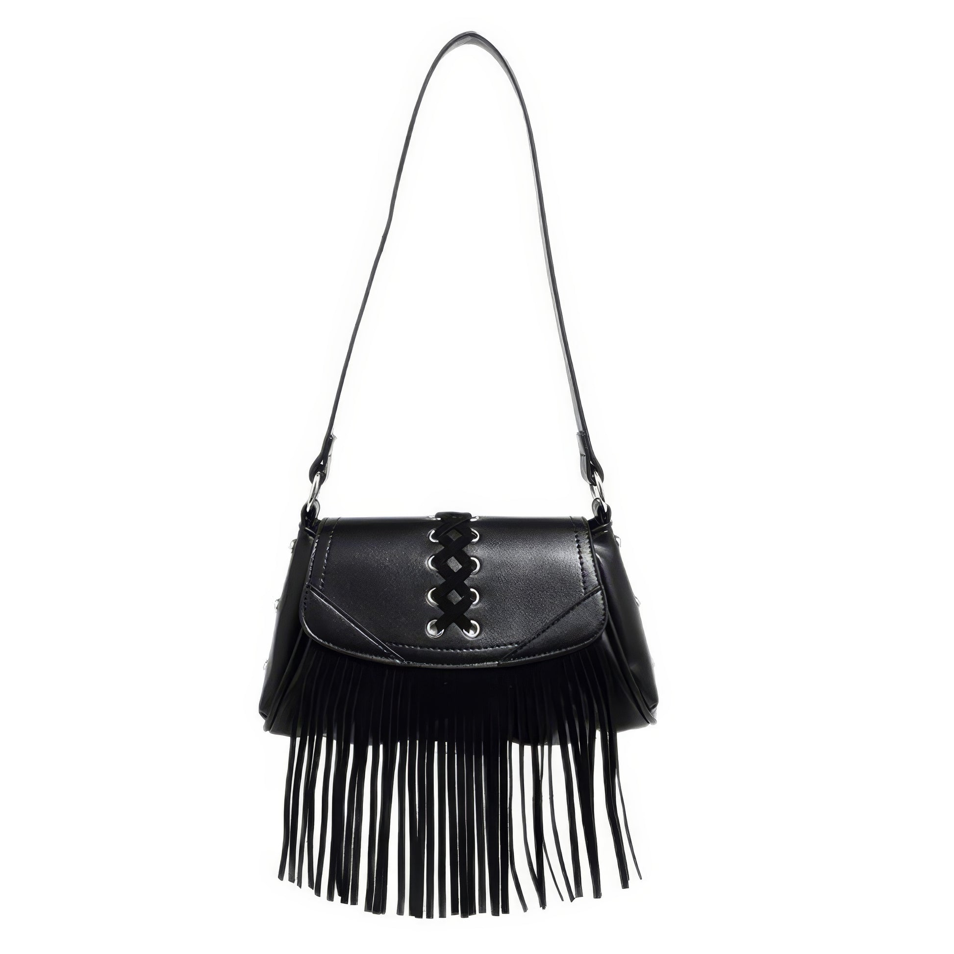 Lace-Up Fringe Flap Shoulder Bag