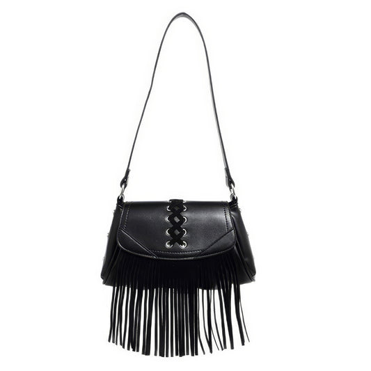 Lace-Up Fringe Flap Shoulder Bag