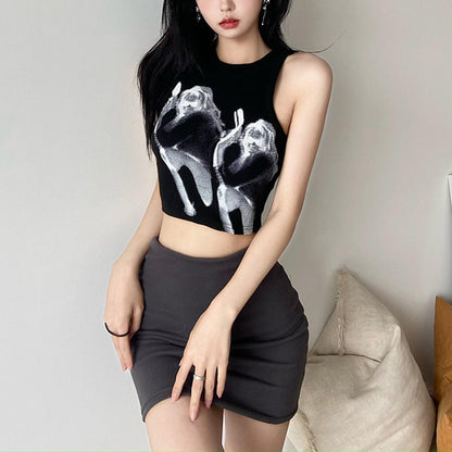 Graphic Print Ribbed Crop Top