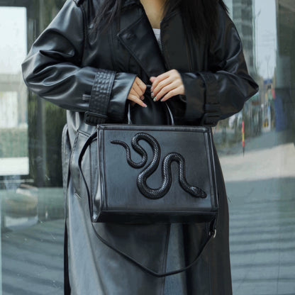 Embossed Snake Detail Black Handbag