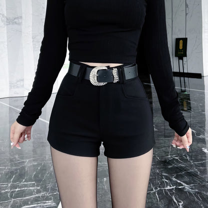 Rhinestone Buckle Black Shorts