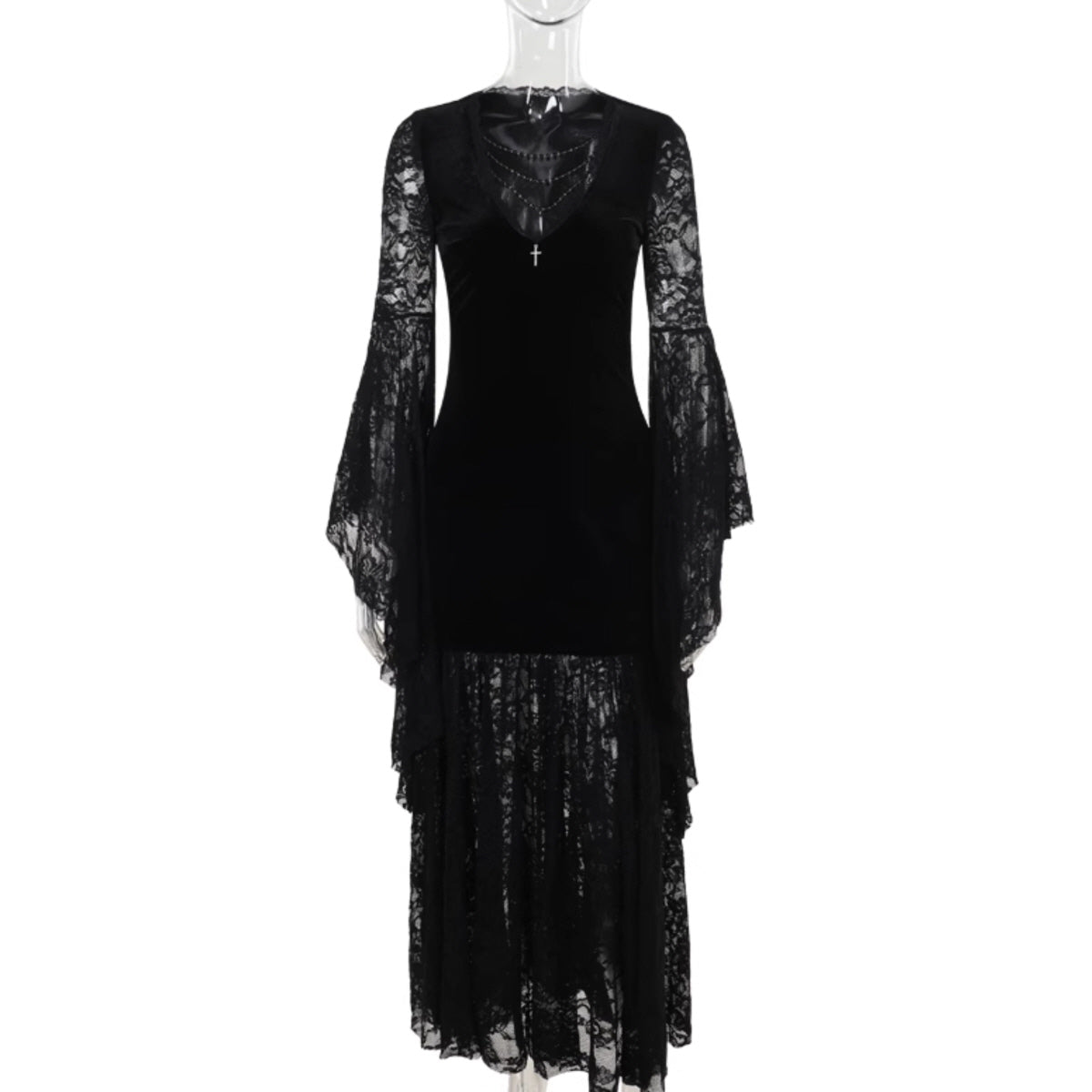 Velvet Lace Bell Sleeve Maxi Dress