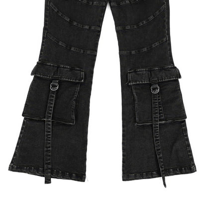Washed Strap Cargo Flare Jeans