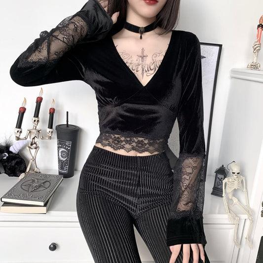 Velvet Lace Bell Sleeve Top